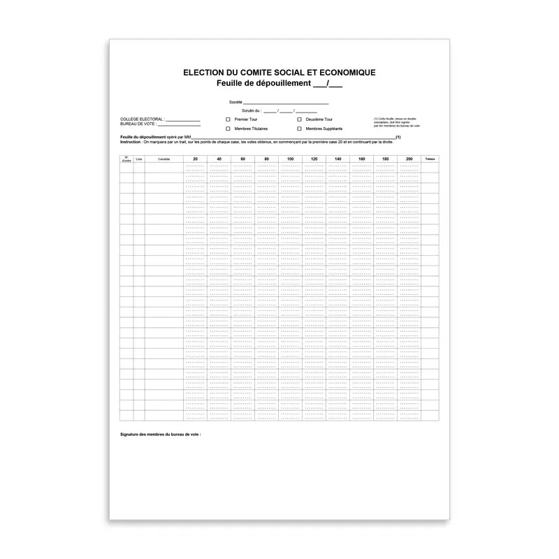 Feuille de dépouillement pour élections professionnelles